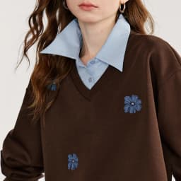 TOYOUTH Women‘s Sweatshirt 2026 Autumn Denim Flower Embroidery Fake Two Piece Splicing Turn Down Collar Cotton Casual Pullover