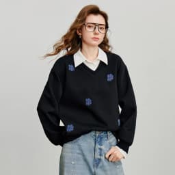 TOYOUTH Women‘s Sweatshirt 2026 Autumn Denim Flower Embroidery Fake Two Piece Splicing Turn Down Collar Cotton Casual Pullover