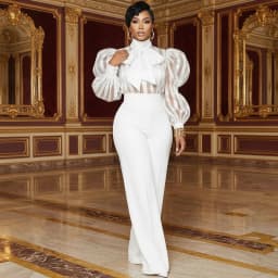 Women High Neck Bow Puff Long Sleeve Sheer Striped Shirt And High Waist Wide Leg Pants Outfit For Formal Dinner Wedding Occasion