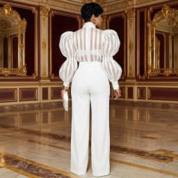Women High Neck Bow Puff Long Sleeve Sheer Striped Shirt And High Waist Wide Leg Pants Outfit For Formal Dinner Wedding Occasion