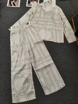 2026 Spring New Fashion Women's Suit Geometric Printing Long Sleeve Loose Shirt High Waist Wide Leg Pants Casual Two-piece Set