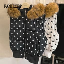 Harajuku Gothic Polka Dot Vest Jacket Fur Collar Hooded Women Fall Winter Casual Sleeveless Y2K Cotton Padded Quilted Coat Жилет