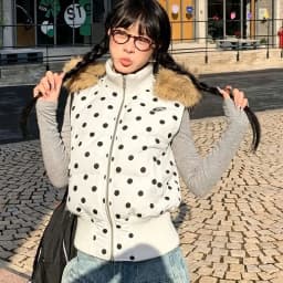 Harajuku Gothic Polka Dot Vest Jacket Fur Collar Hooded Women Fall Winter Casual Sleeveless Y2K Cotton Padded Quilted Coat Жилет