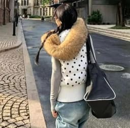 Harajuku Gothic Polka Dot Vest Jacket Fur Collar Hooded Women Fall Winter Casual Sleeveless Y2K Cotton Padded Quilted Coat Жилет