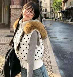 Harajuku Gothic Polka Dot Vest Jacket Fur Collar Hooded Women Fall Winter Casual Sleeveless Y2K Cotton Padded Quilted Coat Жилет