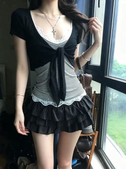 Genayooa Japanese Y2k Two Pieces Tops Women Short Sleeve Slim Lace Up Smock+ Striped Camis Tops Korean Style T-shirts Fairycore