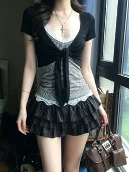 Genayooa Japanese Y2k Two Pieces Tops Women Short Sleeve Slim Lace Up Smock+ Striped Camis Tops Korean Style T-shirts Fairycore