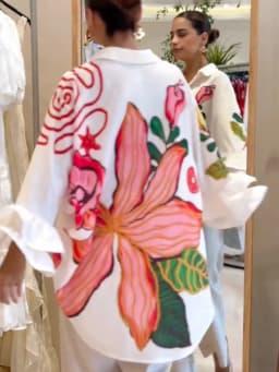 Yeezzi Women's Elegant Large Floral Printed High-Low Lapel Blouse 2026 Flared Sleeves Oversized Casual Office Party White Shirt