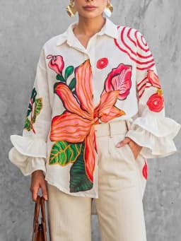 Yeezzi Women's Elegant Large Floral Printed High-Low Lapel Blouse 2026 Flared Sleeves Oversized Casual Office Party White Shirt