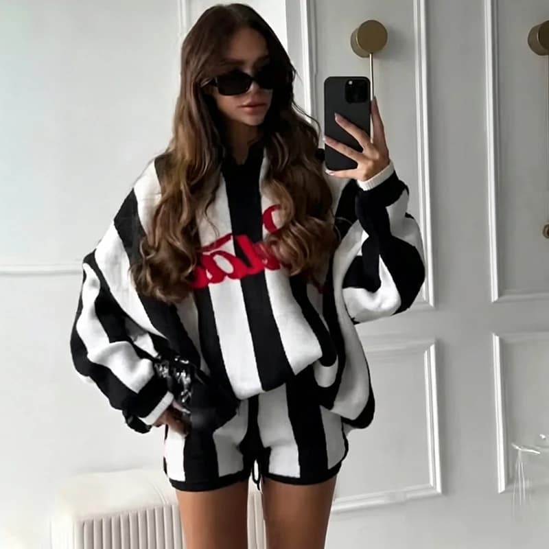 Women 2 Piece Striped Knit Loungewear Oversized V Neck Letter Embroidery Sweater Shorts Casual Matching Set Tracksuit Streetwear