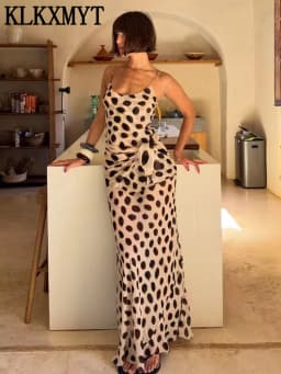 KLKXMYT Elegant Women Printed Slip Long Dress Sleeveless Backless Sexy Midi Dress Detachable Scarf Female Evening Party Dresses