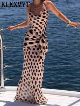KLKXMYT Elegant Women Printed Slip Long Dress Sleeveless Backless Sexy Midi Dress Detachable Scarf Female Evening Party Dresses