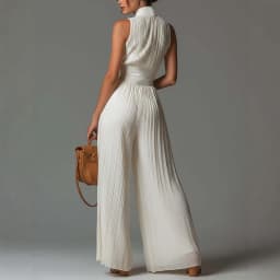 2026 Elegant Stand Collar Zipper Pleated Jumpsuit Women's Solid High Waist Wide Leg Romper Summer Sleeveless Vacation Overalls