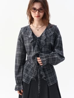 DUSHU 2026 Fall Women's V-Neck Plaid Long Sleeve Blouse with Ruffle Trim and Drawstring Waist - Fashion Forward Office Wear