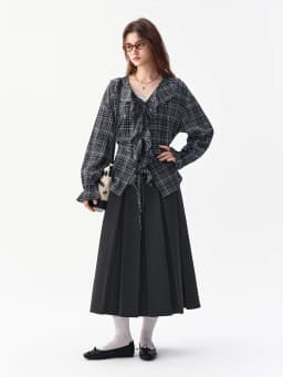 DUSHU 2026 Fall Women's V-Neck Plaid Long Sleeve Blouse with Ruffle Trim and Drawstring Waist - Fashion Forward Office Wear