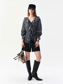 DUSHU 2026 Fall Women's V-Neck Plaid Long Sleeve Blouse with Ruffle Trim and Drawstring Waist - Fashion Forward Office Wear