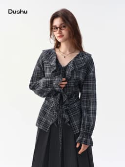 DUSHU 2026 Fall Women's V-Neck Plaid Long Sleeve Blouse with Ruffle Trim and Drawstring Waist - Fashion Forward Office Wear