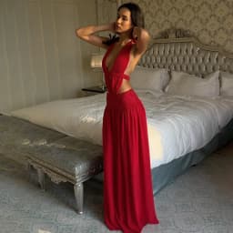 Sexy Red Deep V Neck Halter Maxi Dress Women Backless Hollow Pleated Slim Long Dress 2026 Trendy Elegant Club Evening Party Robe