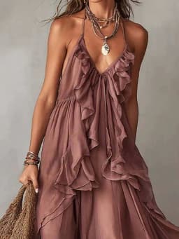 Halter Backless Summer Elegant Party Dress Women Sleeveless Ruffles Patchwork Maxi Dress Chic Solid Holiday Fashion Ladies Dress