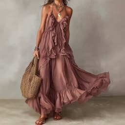 Halter Backless Summer Elegant Party Dress Women Sleeveless Ruffles Patchwork Maxi Dress Chic Solid Holiday Fashion Ladies Dress