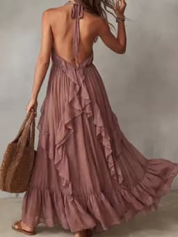 Halter Backless Summer Elegant Party Dress Women Sleeveless Ruffles Patchwork Maxi Dress Chic Solid Holiday Fashion Ladies Dress