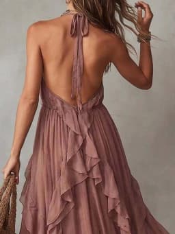 Halter Backless Summer Elegant Party Dress Women Sleeveless Ruffles Patchwork Maxi Dress Chic Solid Holiday Fashion Ladies Dress