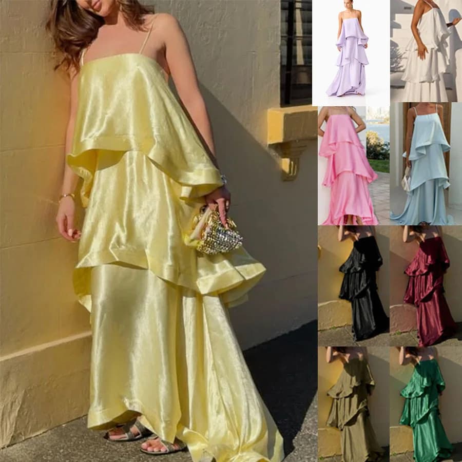 SUMMER NEW WOMEN'S ADJUSTABLE SLIP DRESS, SOLID COLOR ELEGANT LARGE SWING RUFFLE DESIGN, SATIN SLIP VACATION STYLE DRESS