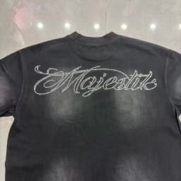 2026 Summer New MAJESTIK Men's T-shirt with Letter Hotfix Rhinestone Print Breathable Lightweight Casual Hip-Hop Style 100% Cotton Men/women T-shirt