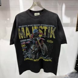 2026 Summer New MAJESTIK Men's T-shirt with Letter Hotfix Rhinestone Print Breathable Lightweight Casual Hip-Hop Style 100% Cotton Men/women T-shirt