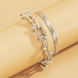 Trendy Personality Metal Snake Bone Bracelet Women Vintage Rhinestone U Shape Horseshoe Square Buckle Hip Hop Hand Accessory