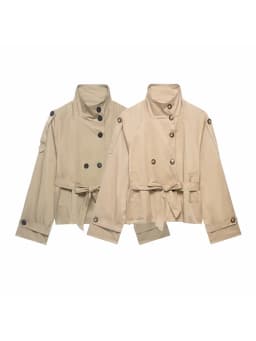 Women Cropped Trench Jackets Coat Autumn Outfit For Women Double Breasted Stand Collar Coats Lady Casual Vintage Jackets
