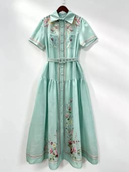 Women Elegant Floral Print Shirt Collar Maxi Dress 2026 Summer Short Sleeve Belted Long Dress Vintage Button Up Party Vestidos