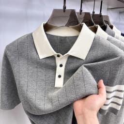 Summer Old Money Style Men's Short-Sleeved Polo Knitted Shirt Lapel Button Striped Paneled Colors Casual Snug Slim Fit Man Shirt
