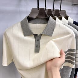 Summer Old Money Style Men's Short-Sleeved Polo Knitted Shirt Lapel Button Striped Paneled Colors Casual Snug Slim Fit Man Shirt