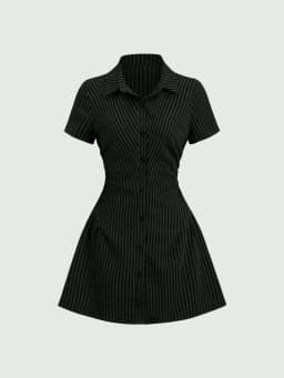 Women's Summer Mini Dress V Neck Bubble Sleeve Pleated A Line Shirt Dress Casual Short Dresses for Women