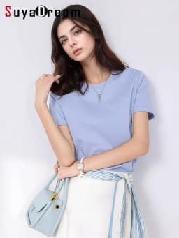 SuyaDream Women Solid T Shirts, Silk Cotton Blend, O Neck, Short Sleeved Solid Tee, 2025 Summer Candy Colors Basic Cozy Top Gree