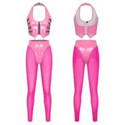 Womens Glossy PU Leather Outfit Multi-zip Back Lace-up Halter Crop Top and Sheer Mesh Legs High Waist Leggings Sets Y2k Clubwear