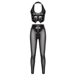 Womens Glossy PU Leather Outfit Multi-zip Back Lace-up Halter Crop Top and Sheer Mesh Legs High Waist Leggings Sets Y2k Clubwear