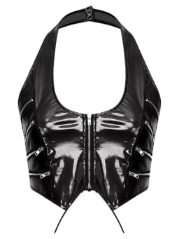 Womens Glossy PU Leather Outfit Multi-zip Back Lace-up Halter Crop Top and Sheer Mesh Legs High Waist Leggings Sets Y2k Clubwear