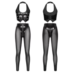 Womens Glossy PU Leather Outfit Multi-zip Back Lace-up Halter Crop Top and Sheer Mesh Legs High Waist Leggings Sets Y2k Clubwear