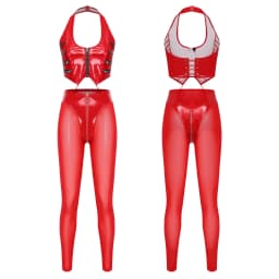 Womens Glossy PU Leather Outfit Multi-zip Back Lace-up Halter Crop Top and Sheer Mesh Legs High Waist Leggings Sets Y2k Clubwear