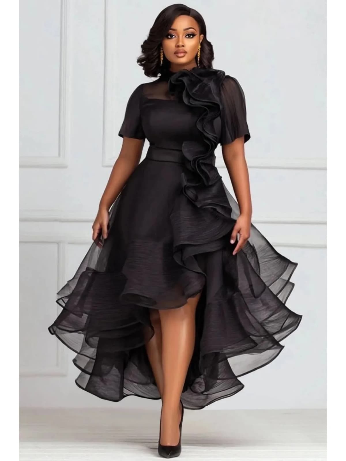 Organza High‑Low Plus Size Dress Short Sleeve 3D Ruffle Asymmetric Hem Formal Gown Women Curvy Evening Cocktail Elegant Dress