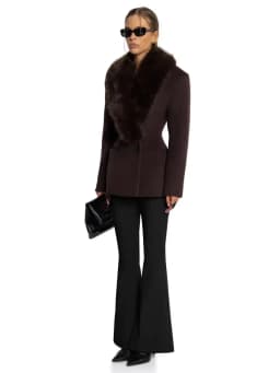 Women Short Fitted Wool Blend Coat, Wide Faux Fur Lapel Collar, Double Breasted Elegant Slim Waist Winter Outerwear For Female