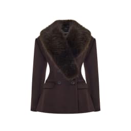 Women Short Fitted Wool Blend Coat, Wide Faux Fur Lapel Collar, Double Breasted Elegant Slim Waist Winter Outerwear For Female