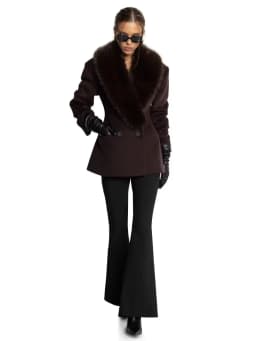 Women Short Fitted Wool Blend Coat, Wide Faux Fur Lapel Collar, Double Breasted Elegant Slim Waist Winter Outerwear For Female