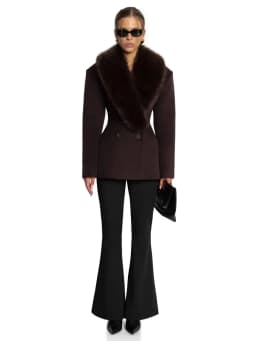 Women Short Fitted Wool Blend Coat, Wide Faux Fur Lapel Collar, Double Breasted Elegant Slim Waist Winter Outerwear For Female