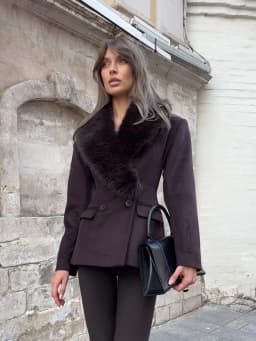 Women Short Fitted Wool Blend Coat, Wide Faux Fur Lapel Collar, Double Breasted Elegant Slim Waist Winter Outerwear For Female