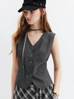 FSLE Women's 2026 Autumn New Arrival V-Neck Linen Sleeveless Vest Plaid Skirt Set Elegant Commute A-Line Floor Lenghth Skirt