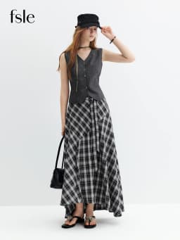 FSLE Women's 2026 Autumn New Arrival V-Neck Linen Sleeveless Vest Plaid Skirt Set Elegant Commute A-Line Floor Lenghth Skirt