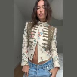 Vintage Floral Printed Cropped Military Jacket Women Stand Neck Braid Embellished Short Coat Royal Style Outerwear Street Blazer